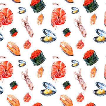 Watercolor salmon, squid, chrimp, sushi caviar isolated seamless pattern.