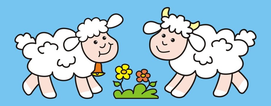 Sheep and lamb, cute picture, vector icon. Two animals and flower on the blue background. Funny illustration for children.	
