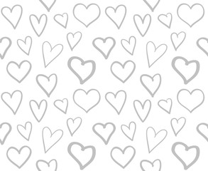 Hand drawn background with hearts. Seamless wallpaper on surface. Chaotic texture with many love signs. Lovely pattern. Line art. Print for banner, flyer or poster. Black and white illustration