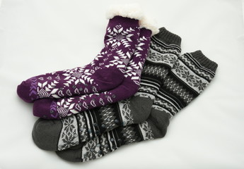 pair of winter wool socks with a pattern. skid socks