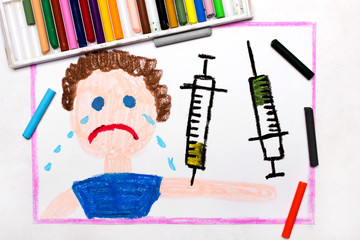 Colorful drawing: Child vaccination. Crying boy and syringe. Protective vaccination
