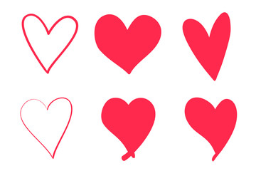 Colorful trendy hearts on isolated white background. Hand drawn set of love signs. Abstract image for design. Line art creation. Colored illustration. Sketchy elements for artworks