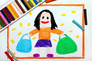 Obraz na płótnie Canvas Colorful drawing: Happy woman with black hair holding two shopping bags