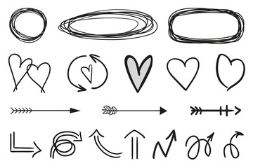 Infographic elements on isolation background. Hand drawn frames and arrows on white. Abstract frameworks. Line art. Set of different shapes. Black and white illustration. Sketchy doodles for artwork