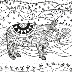 Obraz premium Intricate wallpaper with pig. Wavy ornaments on white. Abstract eastern pattern. Hand drawn texture with abstract patterns on isolation background. Design for spiritual relaxation for adults