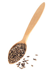 thistle seeds in a wooden spoon top view  on a white background
