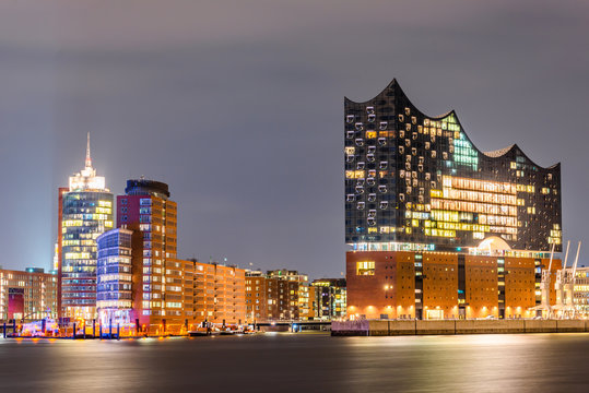 The famous Elbphilharmonie and Hamburg harbor at night