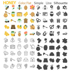 Honey color flat, simple, line and silhouette icons set for web and mobile design