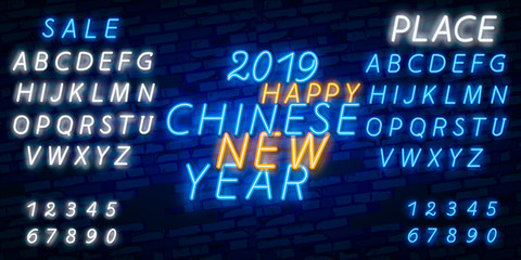 New Chinese Year 2019 Greeting Card Vector. Neon sign, a symbol on winter holidays. Happy New Year Chinese 2019. Neon sign, bright flyer, night shining postcard, holiday invitation card