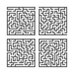 Set of black square mazes. Game for kids. Puzzle for children. One entrances, one exit. Labyrinth conundrum. Flat vector illustration isolated on white background.