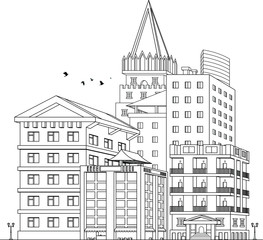 Contour drawing.Urban landscape concept. Sketch city line art. Vector illustration. Modern office.