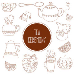 Set of elements of the "Tea ceremony": a kettle, a spoon, a packet of tea, sugar bowl, milk jug, lemon, jam, Cup. Doodle style. Vector