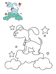 Coloring page outline of cartoon cute dog on a cloud. Hand drawn vector illustration. Coloring book for kids. Isolated.
