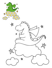 Coloring page outline of cartoon cute dinosaur on a cloud. Hand drawn vector illustration. Coloring book for kids. Isolated.