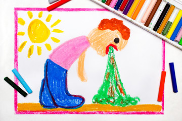 Colorful drawing: Vomiting man. A sign of food poisoning or the effect of drinking alcohol