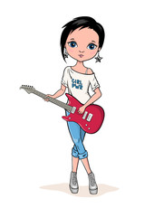 Cute cartoon fashion Girl with red electric guitar. Isolated funny hand drawn character on the white background. Vector illustration.