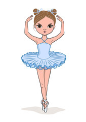 Hand drawn beautiful little ballerina. Cartoon cute girl. Vector illustration
