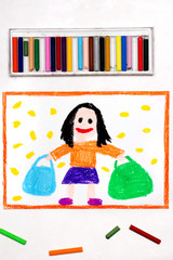 Colorful drawing: Happy woman with black hair holding two shopping bags