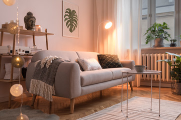 Stylish scandinavian interior with design sofa, poster, plants, pillows, bookstand, coffee table, cozy blanket and mock up frames. White background walls, brown wooden parquet. Photo by night.