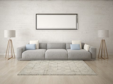 Mock up original living room with a large comfortable sofa and bright hipster background.