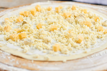 Cheese dices on pizza. Uncooked pizza crust with little cheese pieces.
