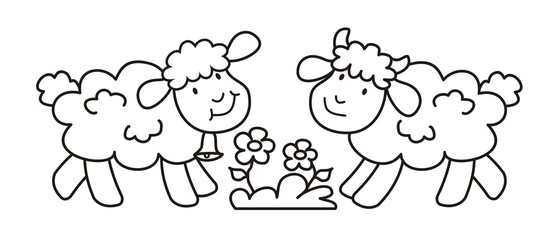 sheep with bell and lamb, cute picture, coloring book	