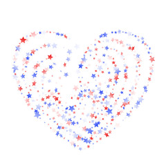 Flying red blue white star sparkles on white vector american patriotic background.