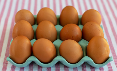 Organic Brown Chicken eggs in a blue plastic box on a Table with Striped Tablecloth. Close up. Easter Concept. .
