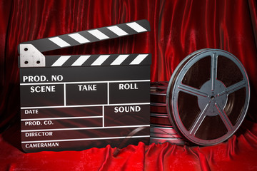 Cinema concept. Clapperboard with and film reels on the red fabric, 3D rendering