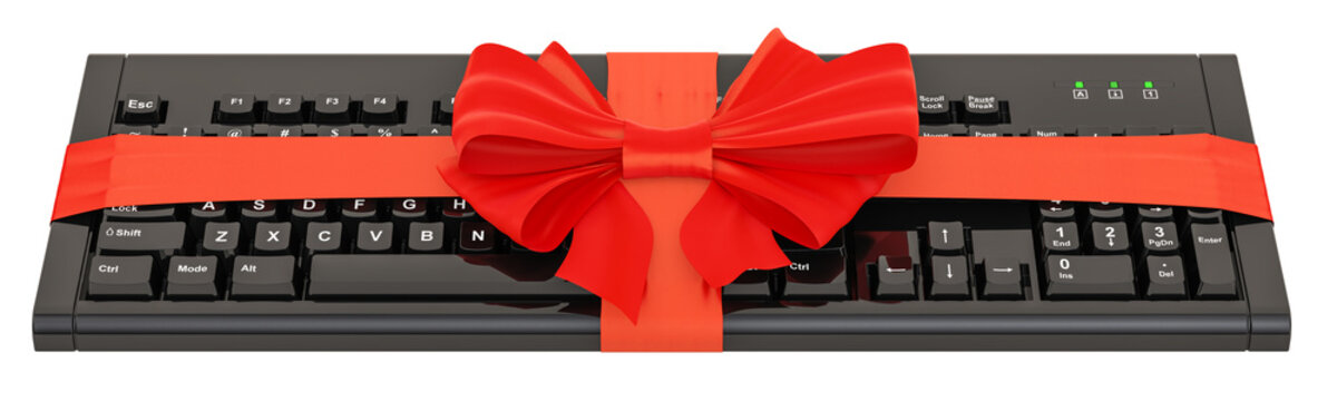 Computer keyboard with bow and ribbon, gift concept. 3D rendering