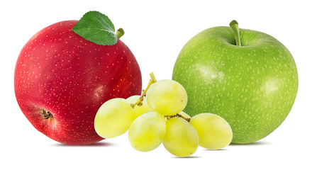 Fresh grapes and apples isolated on white background with clipping pass