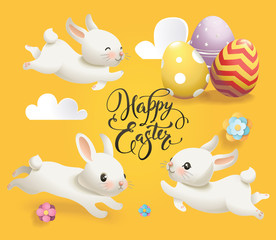 Happy Easter Cute Rabbit Vector Typography Poster. Spring White Bunny, Flower and Cloud on Yellow Background Banner. Advertising Colorful Holiday Greeting Card Flat Cartoon Illustration