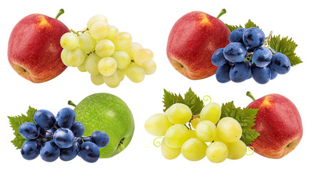 Fresh grapes and apples isolated on white background with clipping pass