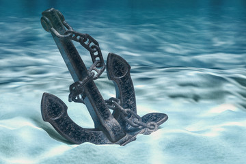 Fototapeta premium Anchor on ocean bottom underwater. 3D rendering