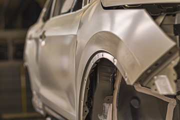 Car body before painting, car factory production line, paint shop