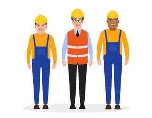 Male builders dressed in workwear and a construction helmet , three characters in a flat style, vector illustration