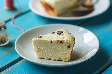  cheesecake, cottage cheese casserole (a portion of sweet pastries). Top view. Food background