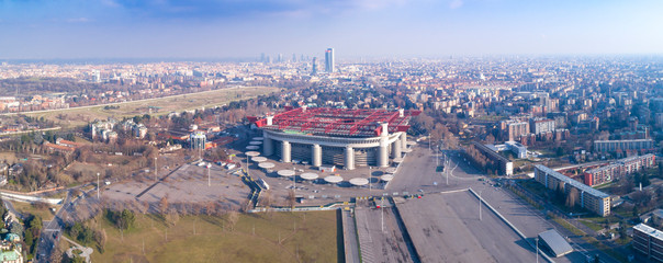 Aerial view of Milan (Italy) with the Meazza soccer stadium, commonly known as San Siro.