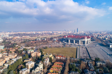 Obraz premium Aerial view of Milan (Italy) with the Meazza soccer stadium, commonly known as San Siro.