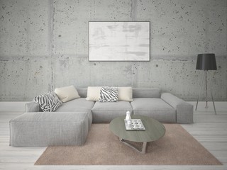 Mock up a spacious living room with a large corner sofa and a stylish hipster backdrop.