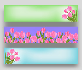 Set Banners with pink Tulips. Spring design with Flowers. Vector