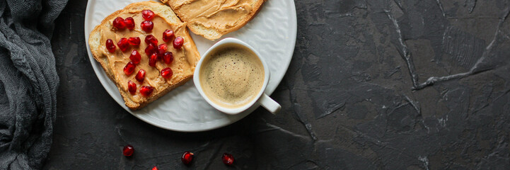 sandwich, pomegranate, peanut butter (sweet snack). Top Food background