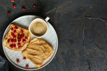 sandwich, pomegranate, peanut butter (sweet snack). Top Food background