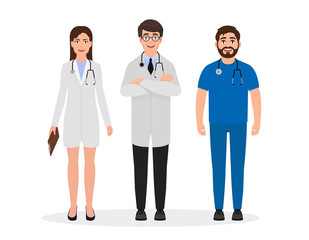 Doctors dressed in medical uniform, two men and one woman characters in flat style, professional employment vector illustration