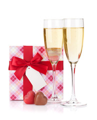 Valentines day gift box and champagne glasses