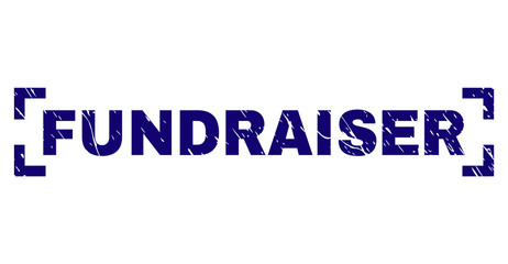 FUNDRAISER tag seal imprint with corroded texture. Text tag is placed inside corners. Blue vector rubber print of FUNDRAISER with unclean texture.