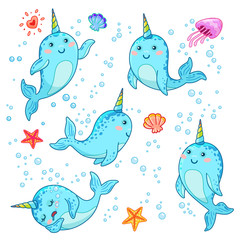 Cute cartoon kawaii narwhals with rainbow horn, funny kids character in different poses, jellyfish and shell, sleepy and cheerful, vector cute illustration © MarySan