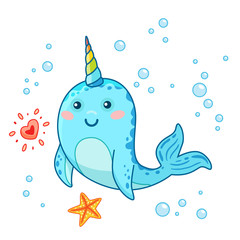 Cute cartoon kawaii narwhals with rainbow horn, funny kids character, sea star, cheerful smile, vector cute illustration © MarySan