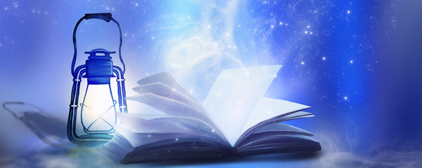 An open book with a magical fantasy. Night view illustration with a book. The magical power of reading and words, knowledge. Abstract background with a book.