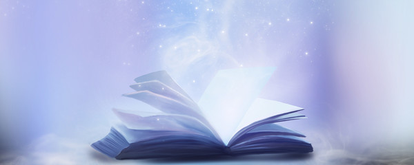 An open book with a magical fantasy. Night view illustration with a book. The magical power of reading and words, knowledge. Abstract background with a book.